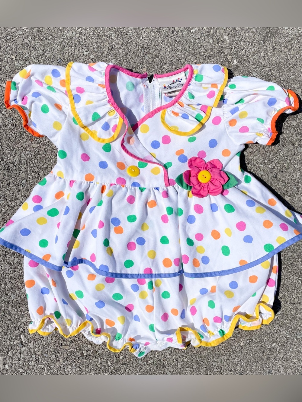 Vtg 80s Baby Togs Polka Dot Romper 24M 11.75x17.75 Ruffle Peter Pan Collar